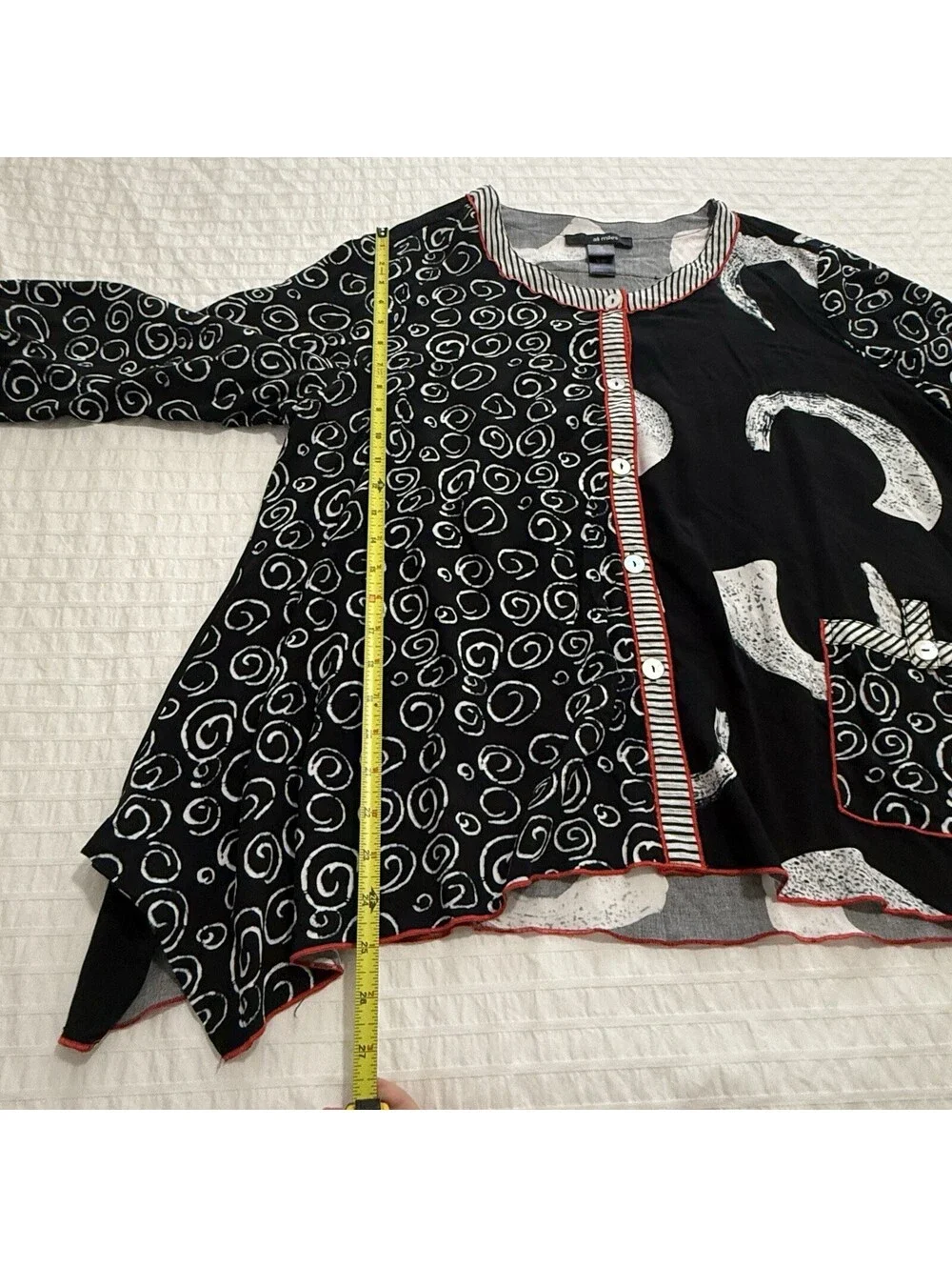Ali Miles 1X Black Abstract Mixed Media Button Front Handkerchief Hem Tunic Top